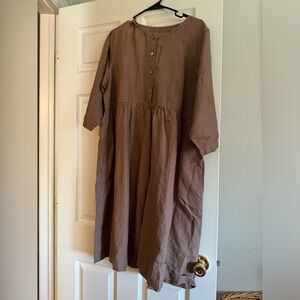 LinenbyMN Long Sleeve Linen Dress in Chocolate Brown - Size L